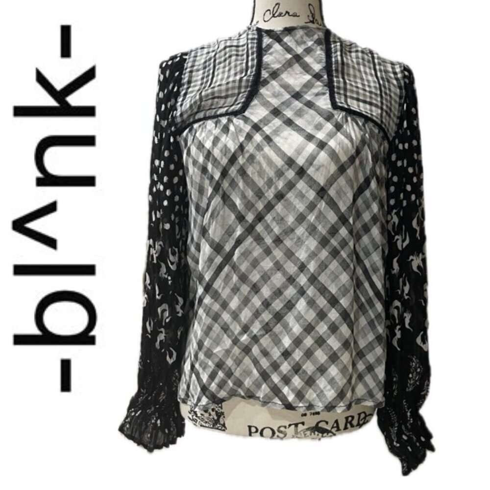 BL-NK BLOUSE MIRANDA PEASANT MONOCHROMATIC BLACK/WHITE SHEER PRINT Sz S BADDIE